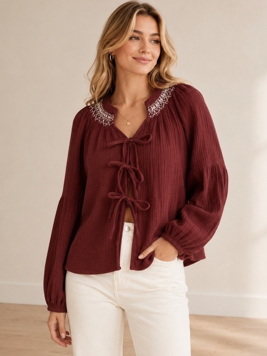 Universal Thread Tops - Women's Raglan Long Sleeve Tie-Front Blouse - Universal Thread™ Maroon new 🆕